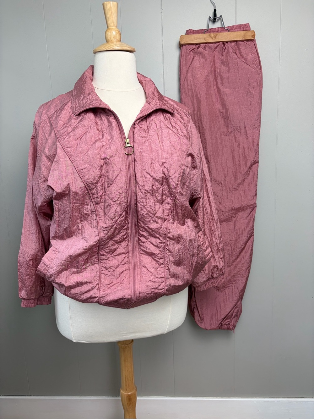 Vintage 90s Kiks Mauve Pink Crinkle Nylon Windbreaker Set XL